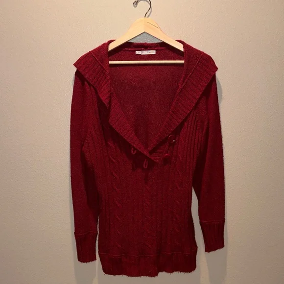 Maurices 3X Burgundy Cable Knit Hooded Sweater Shawl Collar V-Neck Plus Size - Picture 8 of 16